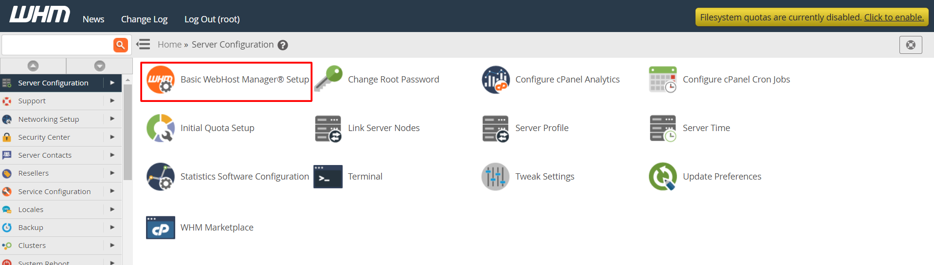 Screenshot: In the search box on the left, type Basic WebHost Manager Setup . Click it.