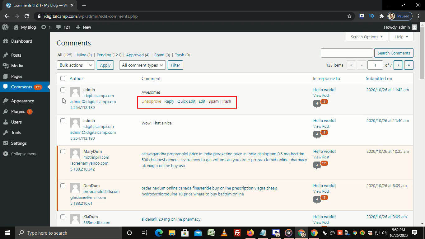 Screenshot: To approve a comment, click Comments in the left menu and then Approve under the comment.