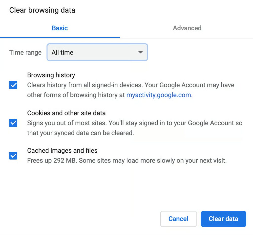 Clearing the browsing data in Chrome