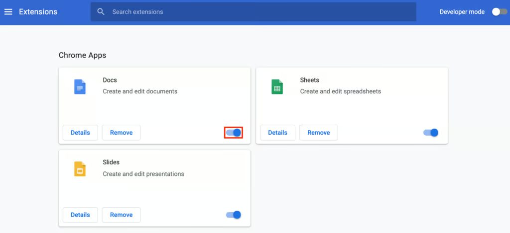Opening the extensions in the browser
