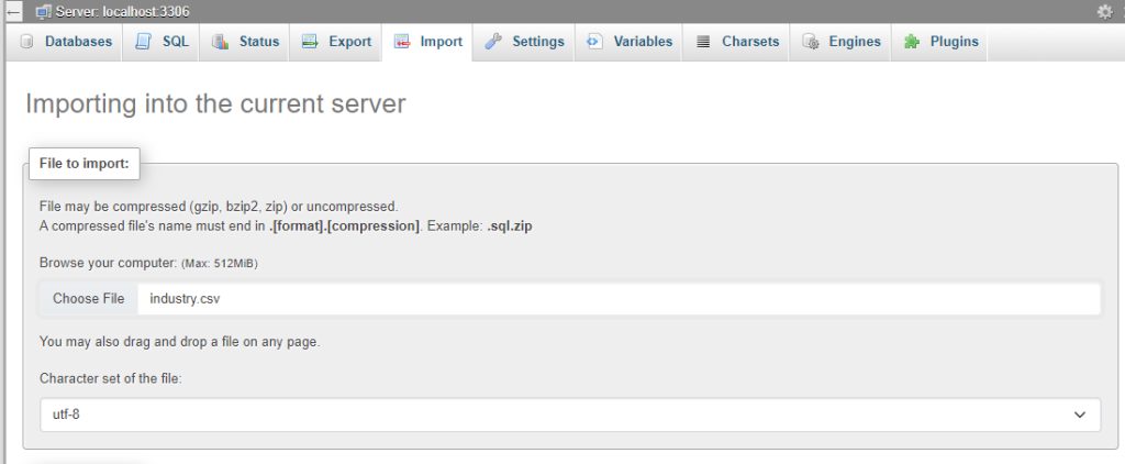 Choosing the file in phpMyAdmin