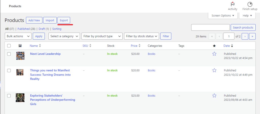 The Export button on the Products page