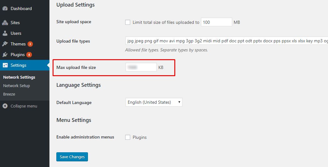 Screenshot: For WordPress Multisite, there is an extra network limit. Under Network Admin , then Setti