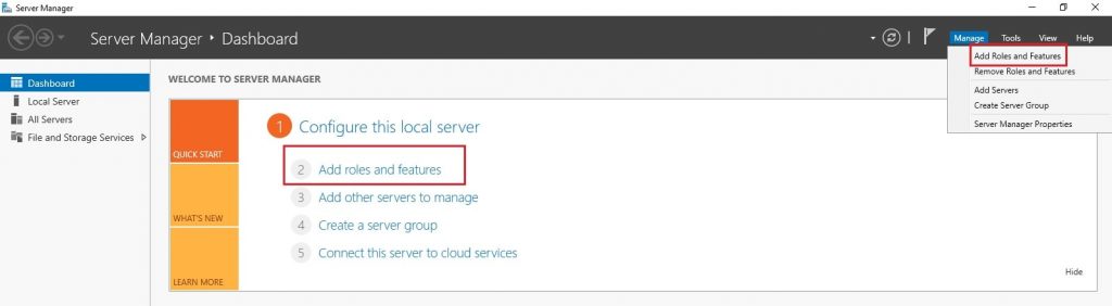 Screenshot: Click Manage , then Add Roles and Features .