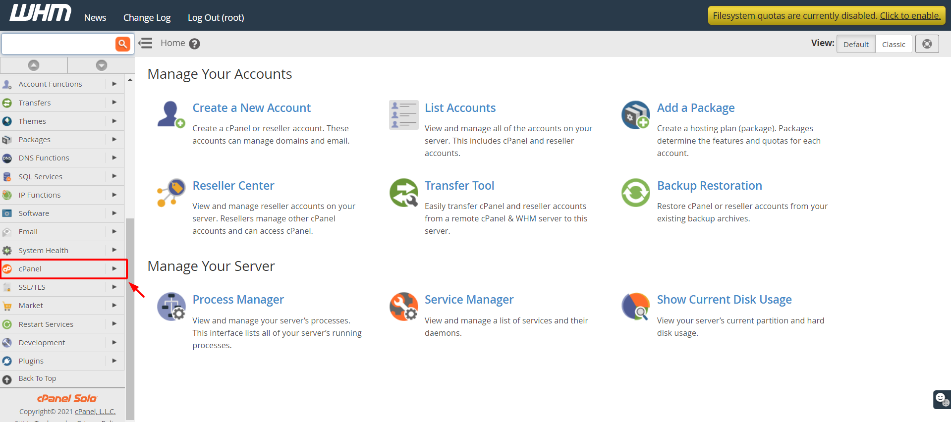 Screenshot: Log in to WHM as root.