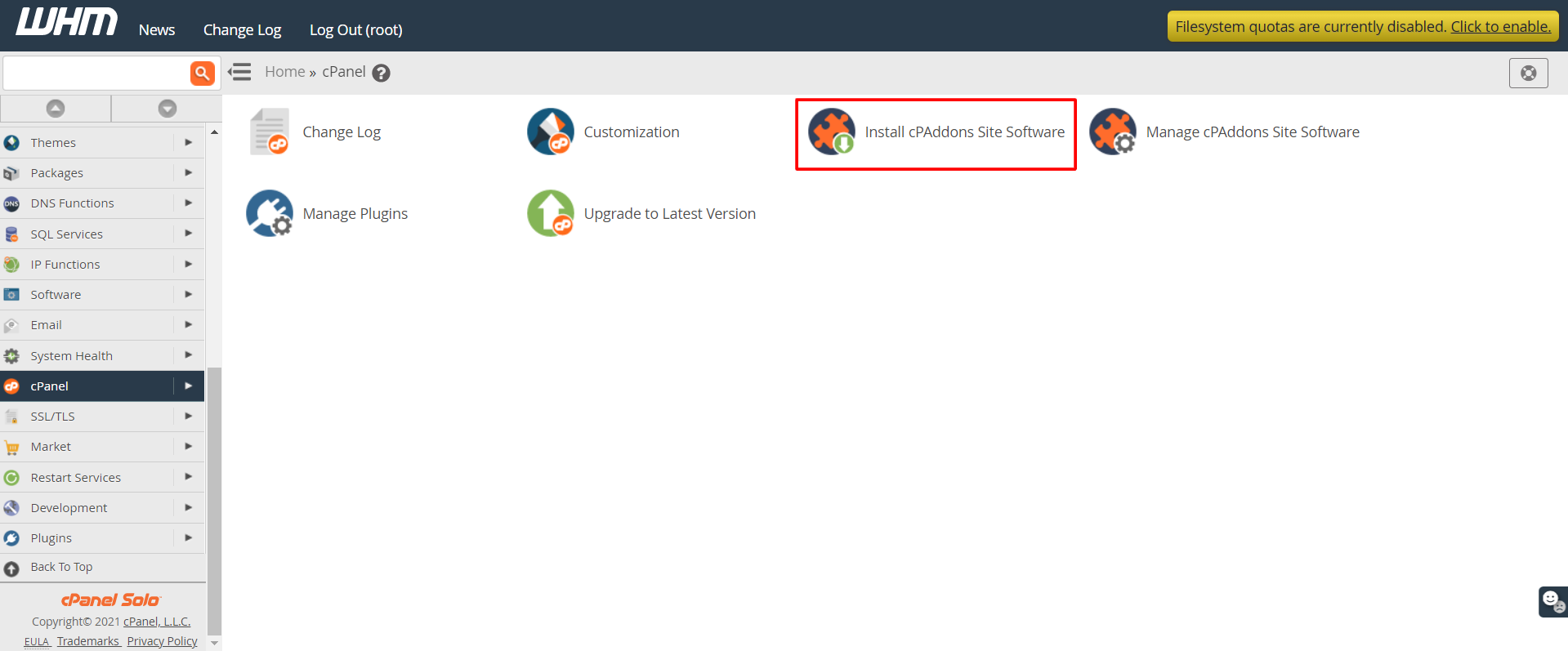 Screenshot: Click Manage cPAddons Site Software . It is under the Software menu.