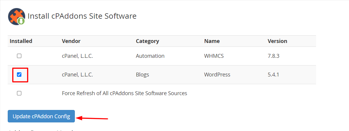 Screenshot: Use Manage cPAddons Site Software to update the list and pick apps.
