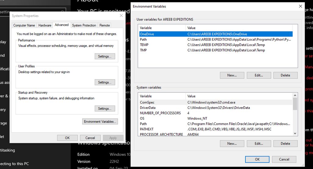 The Environment Variables window