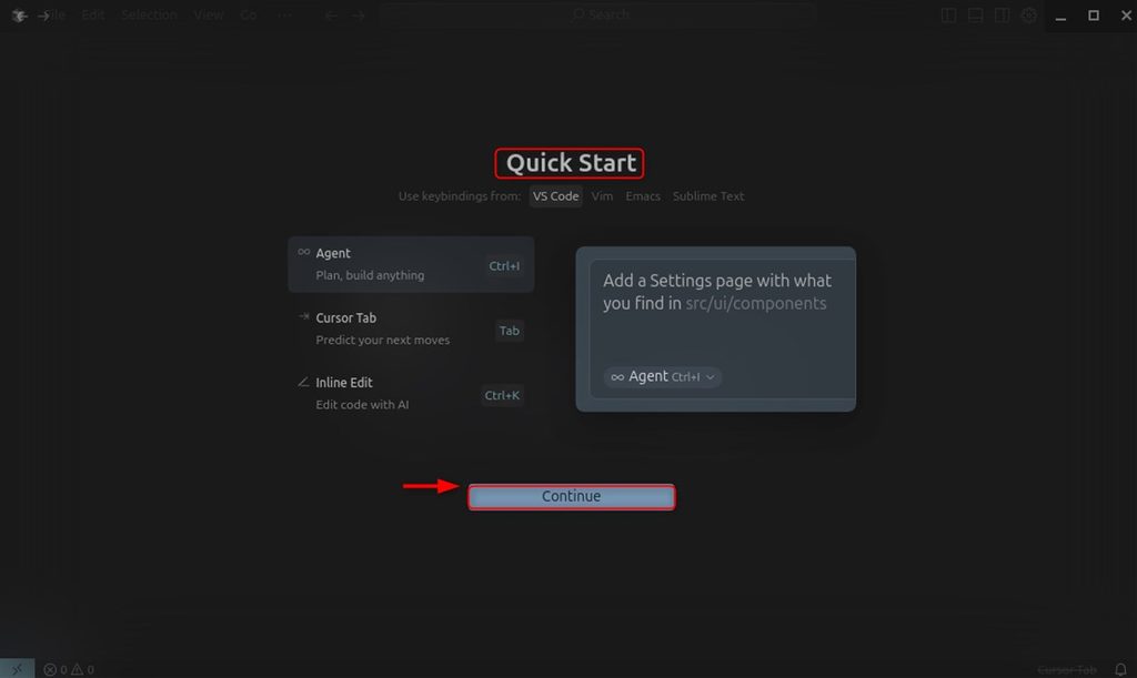 The quick-start screen