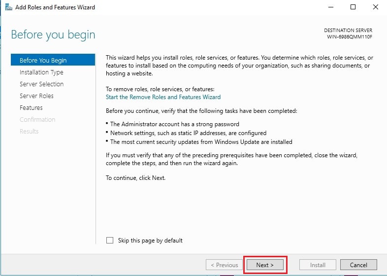 Screenshot: Choose Role-based or feature-based installation and click Next .