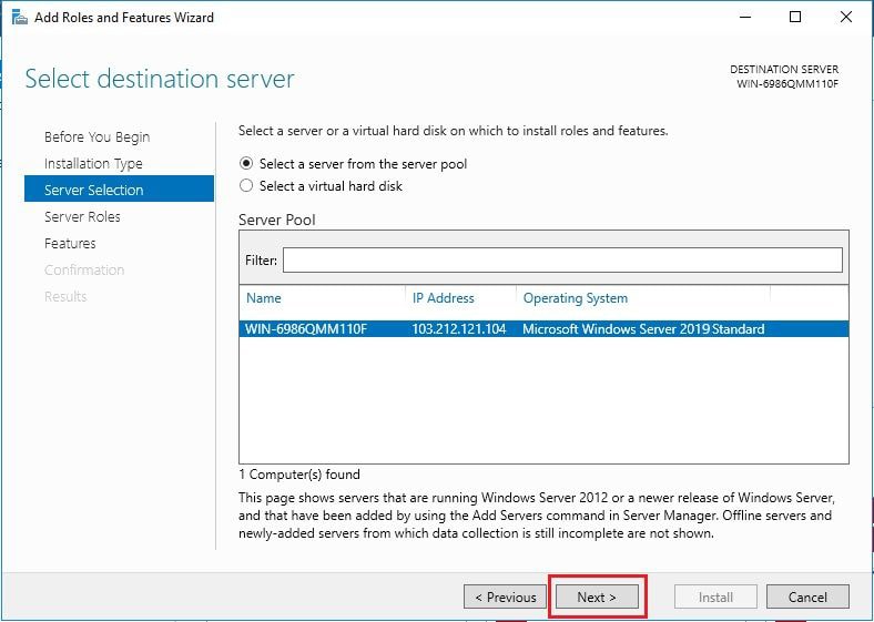 Screenshot: Select your server and click Next .