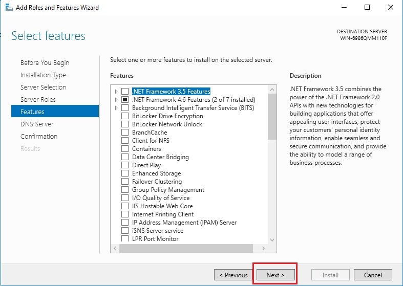 Screenshot: Click Add Features in the pop-up box.