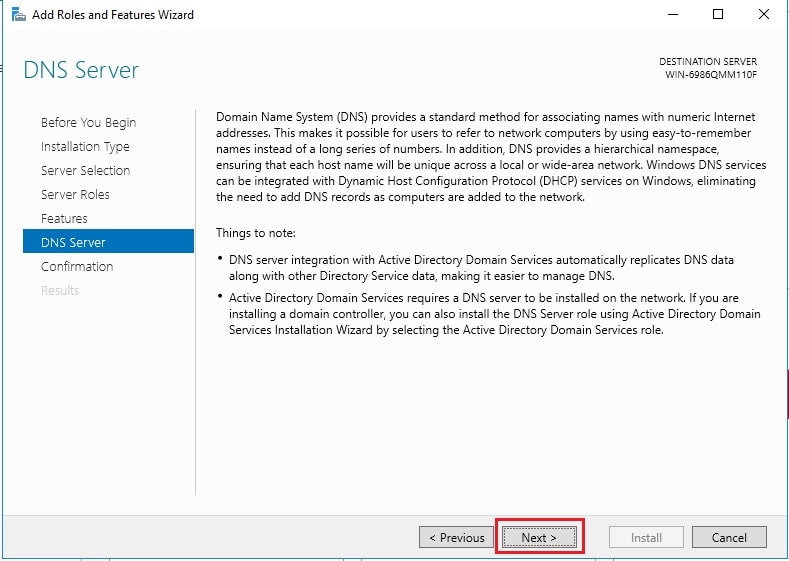Screenshot: In Server Manager, click Tools , then DNS .