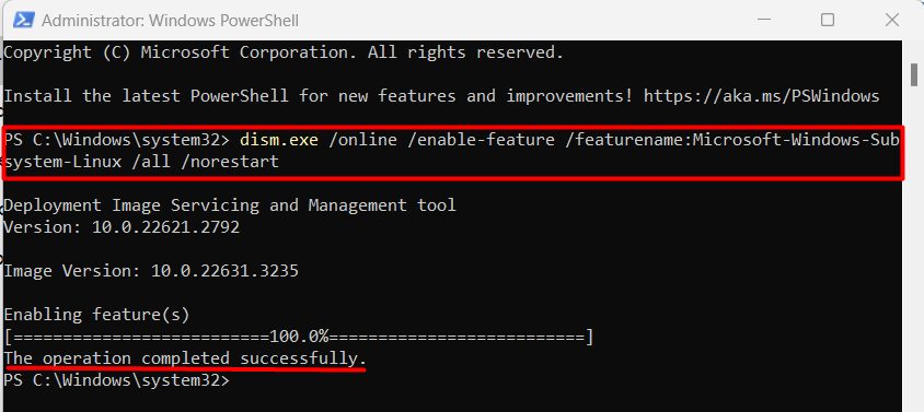 Enabling the WSL feature