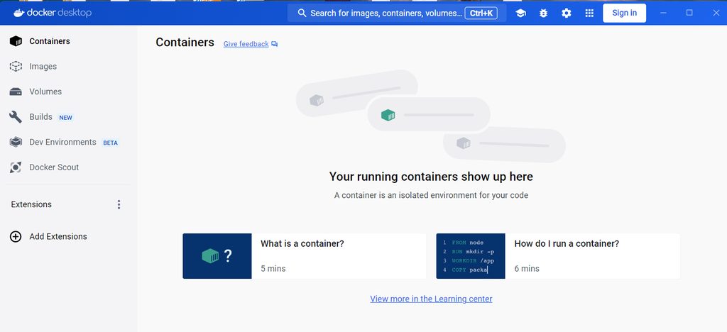 The Docker containers screen