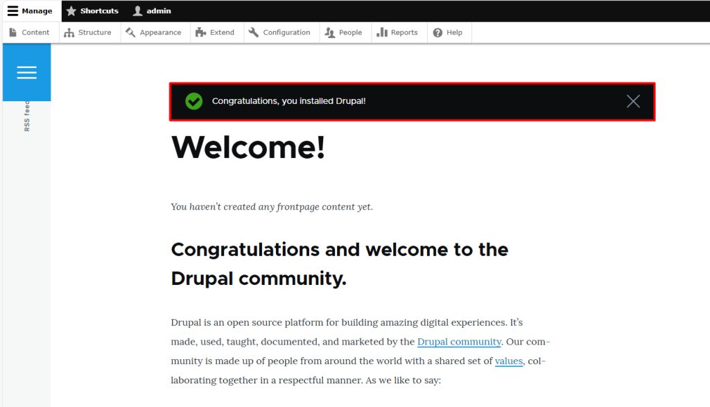 The Drupal welcome page