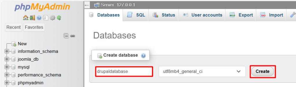 Creating the database in phpMyAdmin