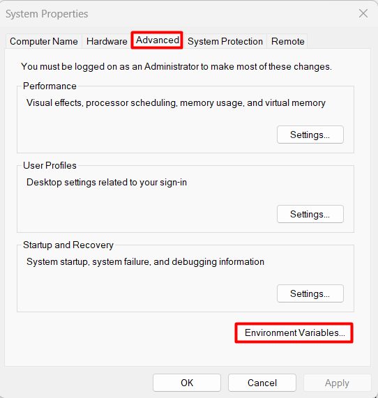 The Environment Variables button