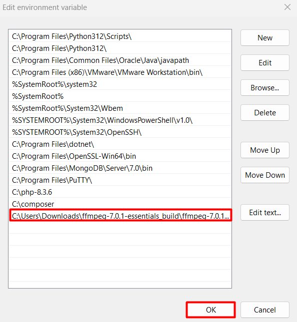 Adding the FFmpeg bin folder to the Path