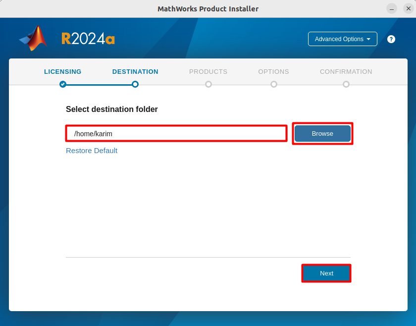 Choosing the destination folder