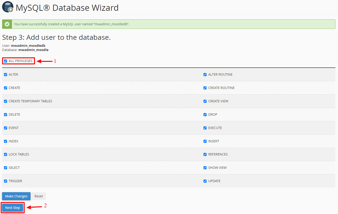 Screenshot: Add the user to the database. Give it All Privileges .