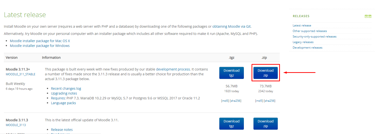 Screenshot: Download the latest stable Moodle zip file from the official Moodle website to your comput