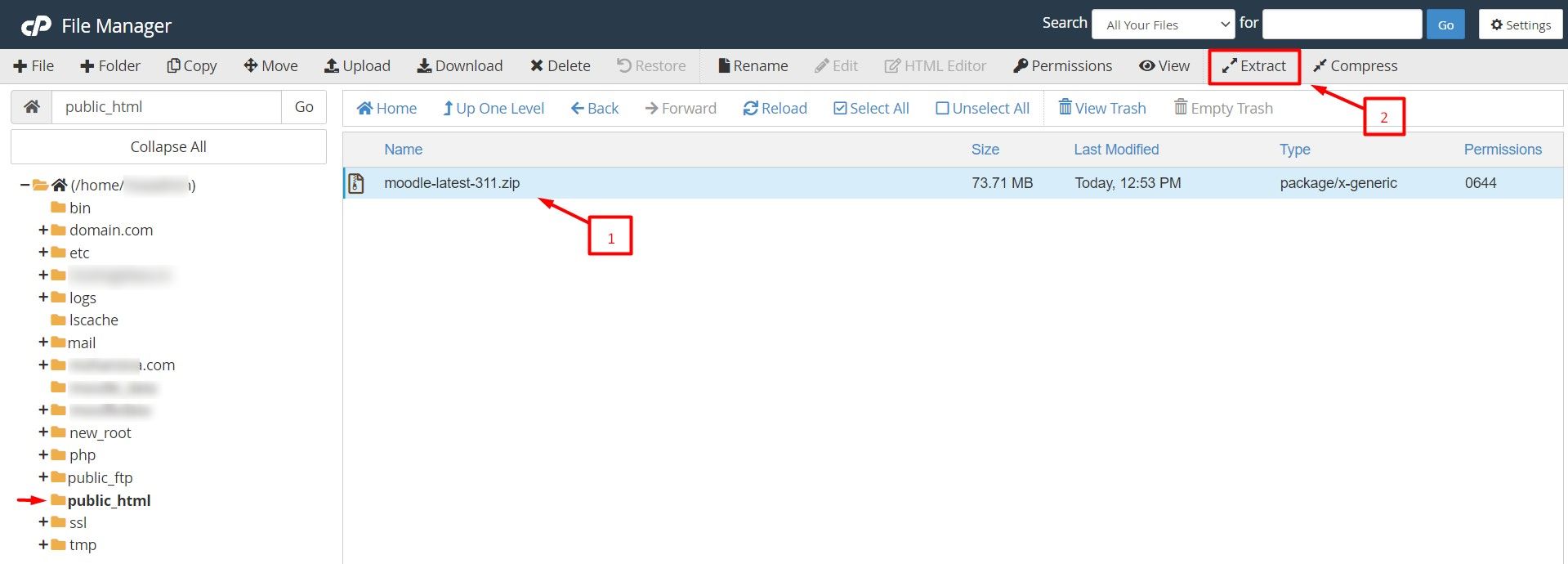 Screenshot: When the upload ends, right-click the zip file and choose Extract .