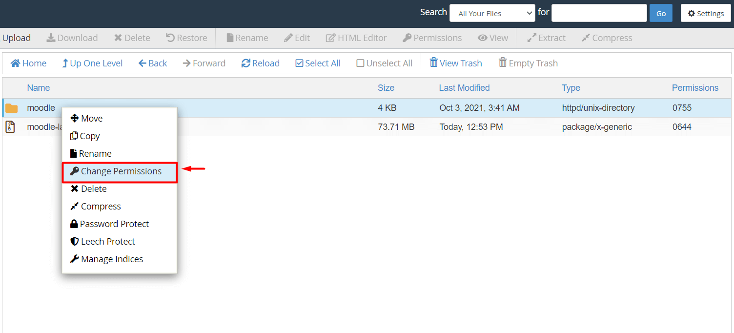 Screenshot: Create the data folder. Moodle needs a folder for uploaded files. Make it above public_htm