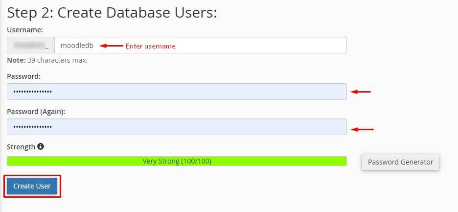 Screenshot: Create a new database. Then create a database user with a strong password.