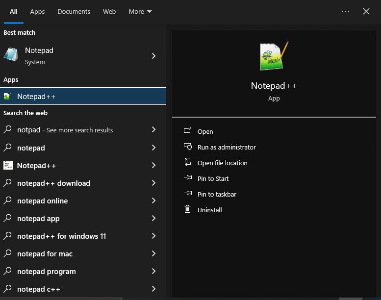 Notepad++ in the Start menu