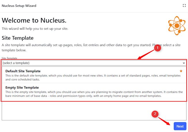Choosing the site template