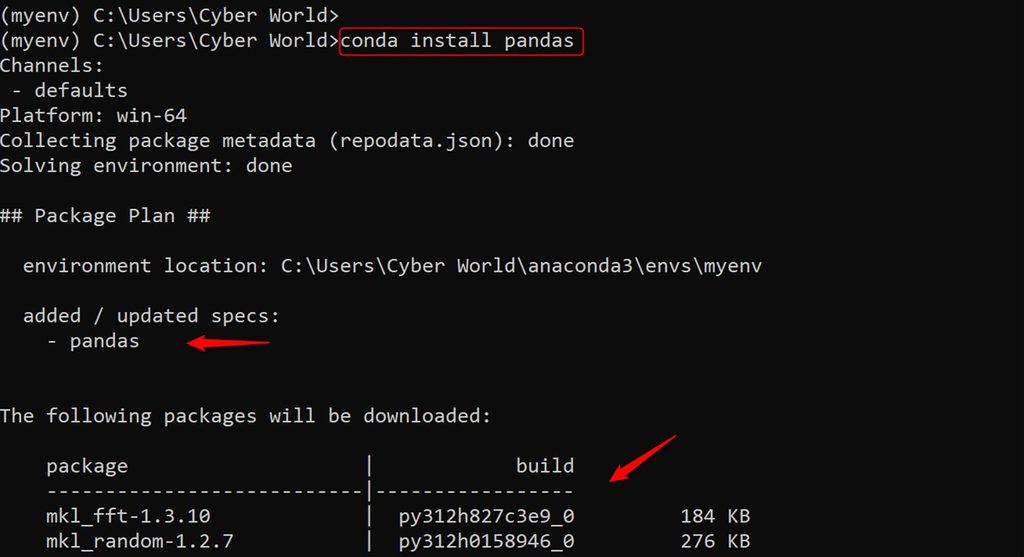 Installing pandas with conda