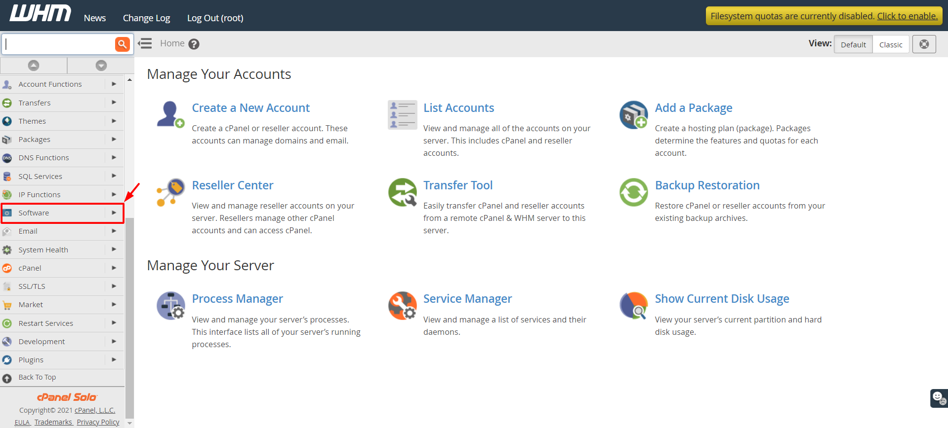 Screenshot: Log in to WHM as root.
