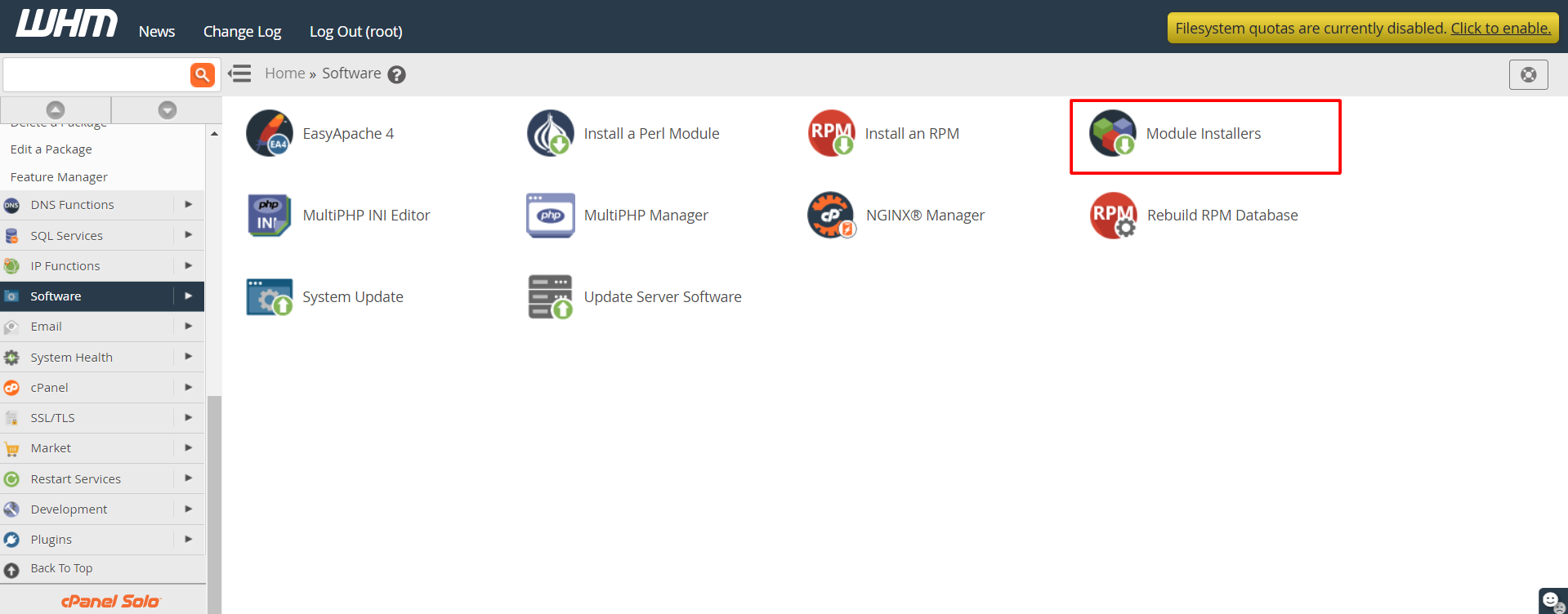Screenshot: Type Module Installers in the search box.