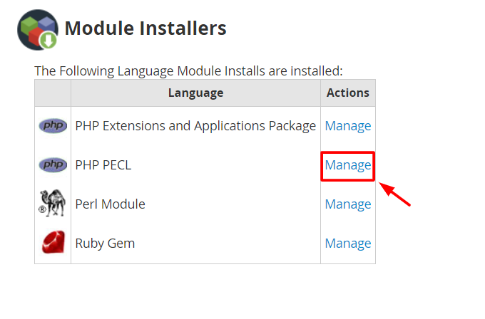 Screenshot: Find PHP Pecl and click Manage .