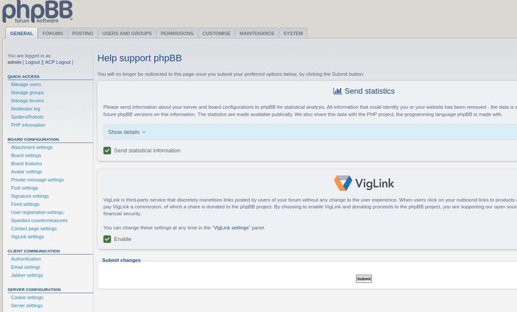 The phpBB dashboard