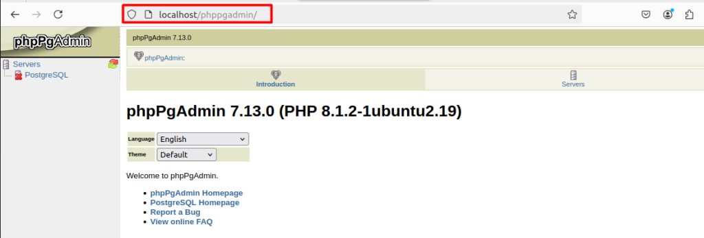 The phpPgAdmin login page