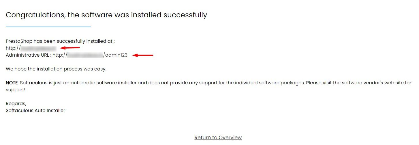 Screenshot: PrestaShop may ask you to delete an install folder. Softaculous usually handles this for y