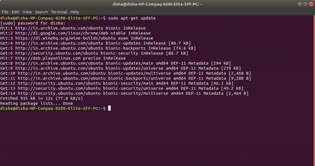 Screenshot: Update the package list: