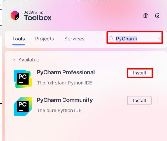 Choosing PyCharm in the Toolbox