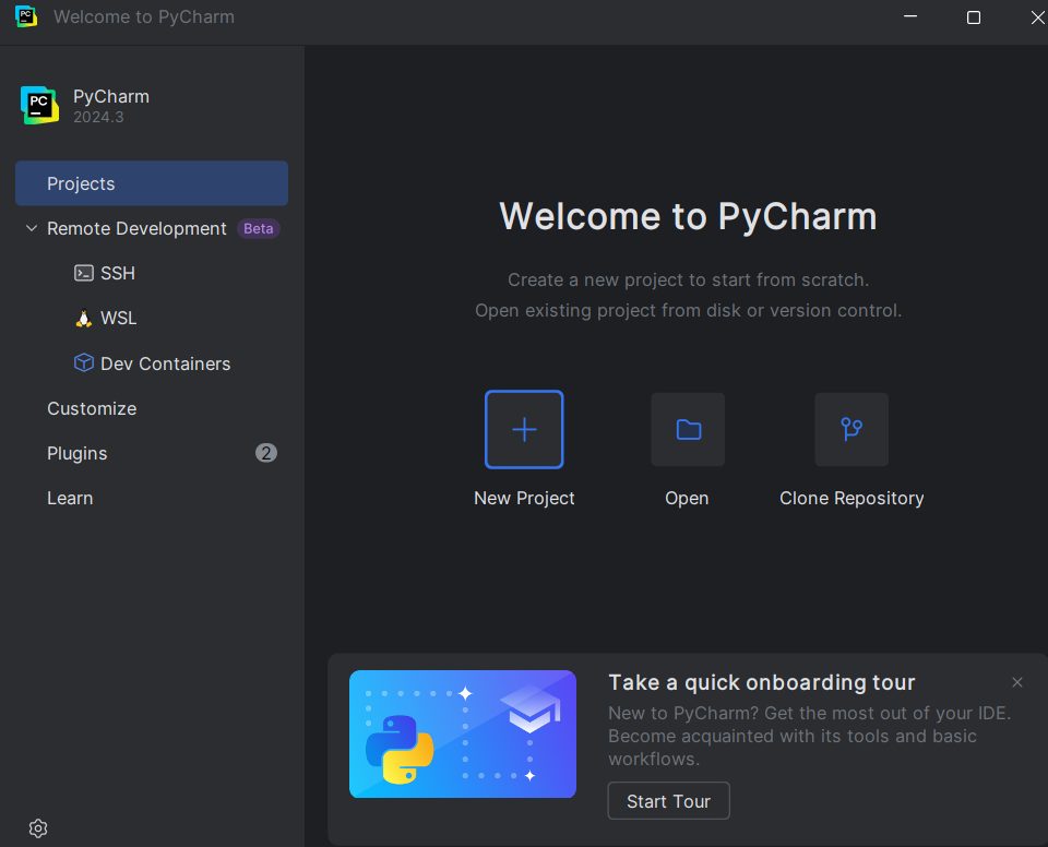 The Welcome to PyCharm screen