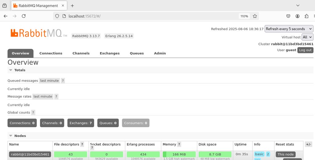 The RabbitMQ dashboard in Docker