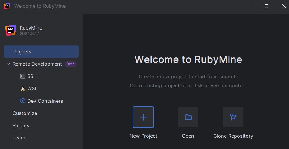 The RubyMine welcome screen