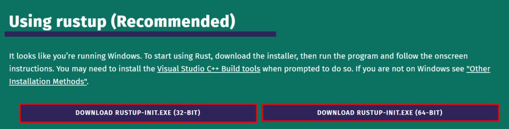 The rustup download page