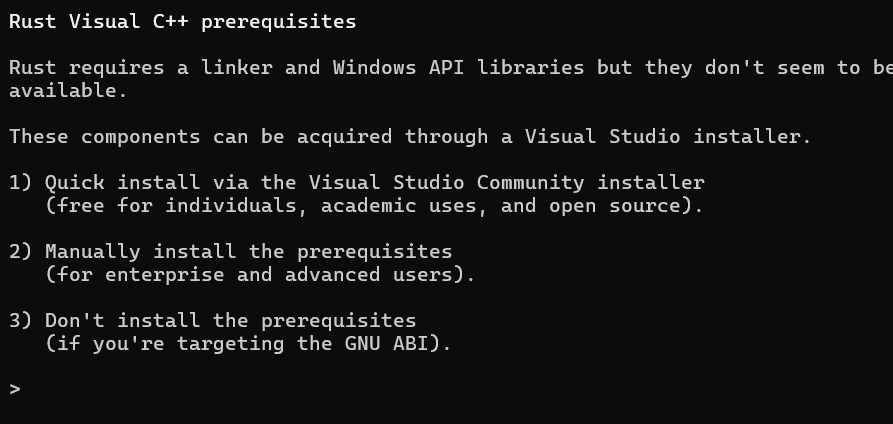 The Rust installer asking for Visual Studio
