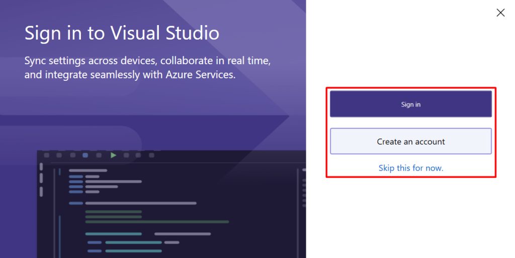 Signing in to Visual Studio