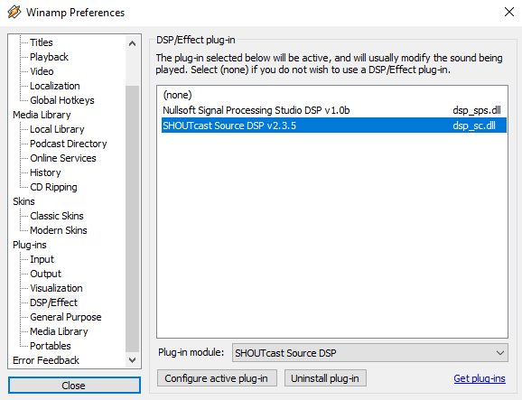 The SHOUTcast DSP configuration