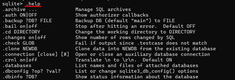 The SQLite help list
