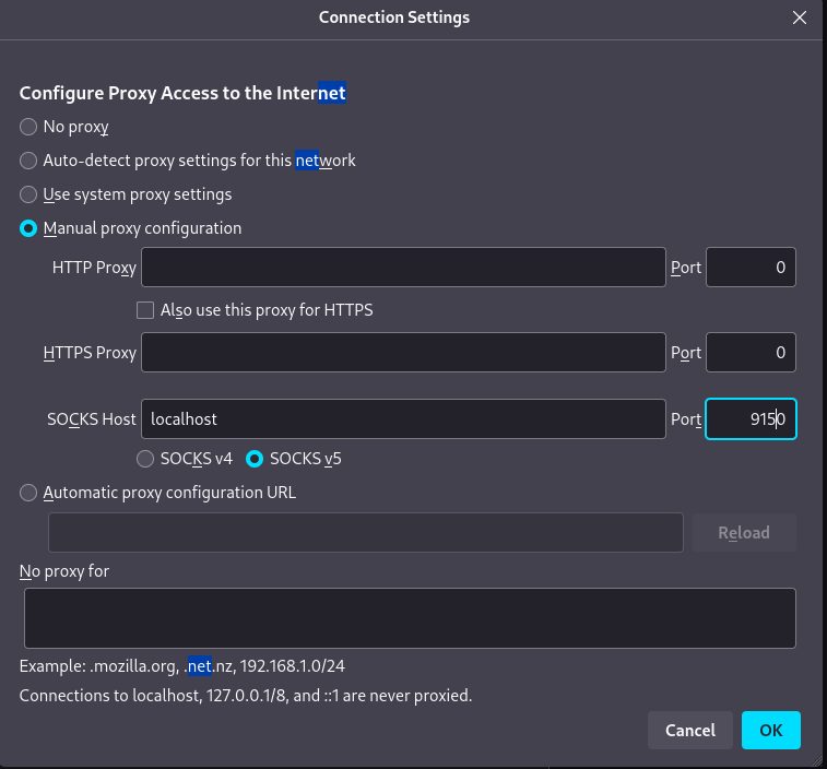 The SOCKS proxy settings for Tor