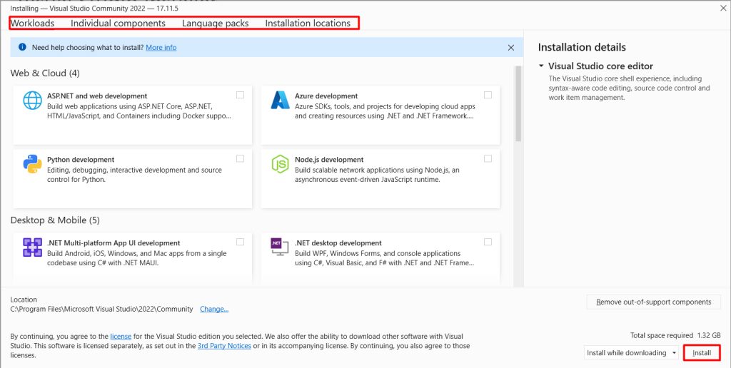 Selecting the Visual Studio options